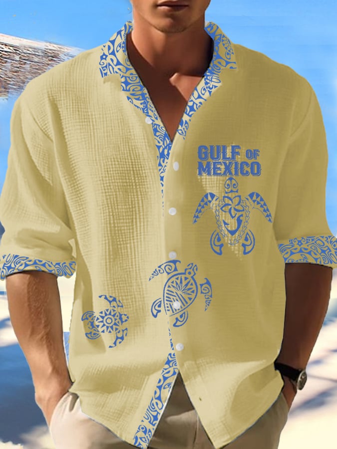 Men's Gulf Of Mexico Turtle Print Vacation Waffle Shirt
