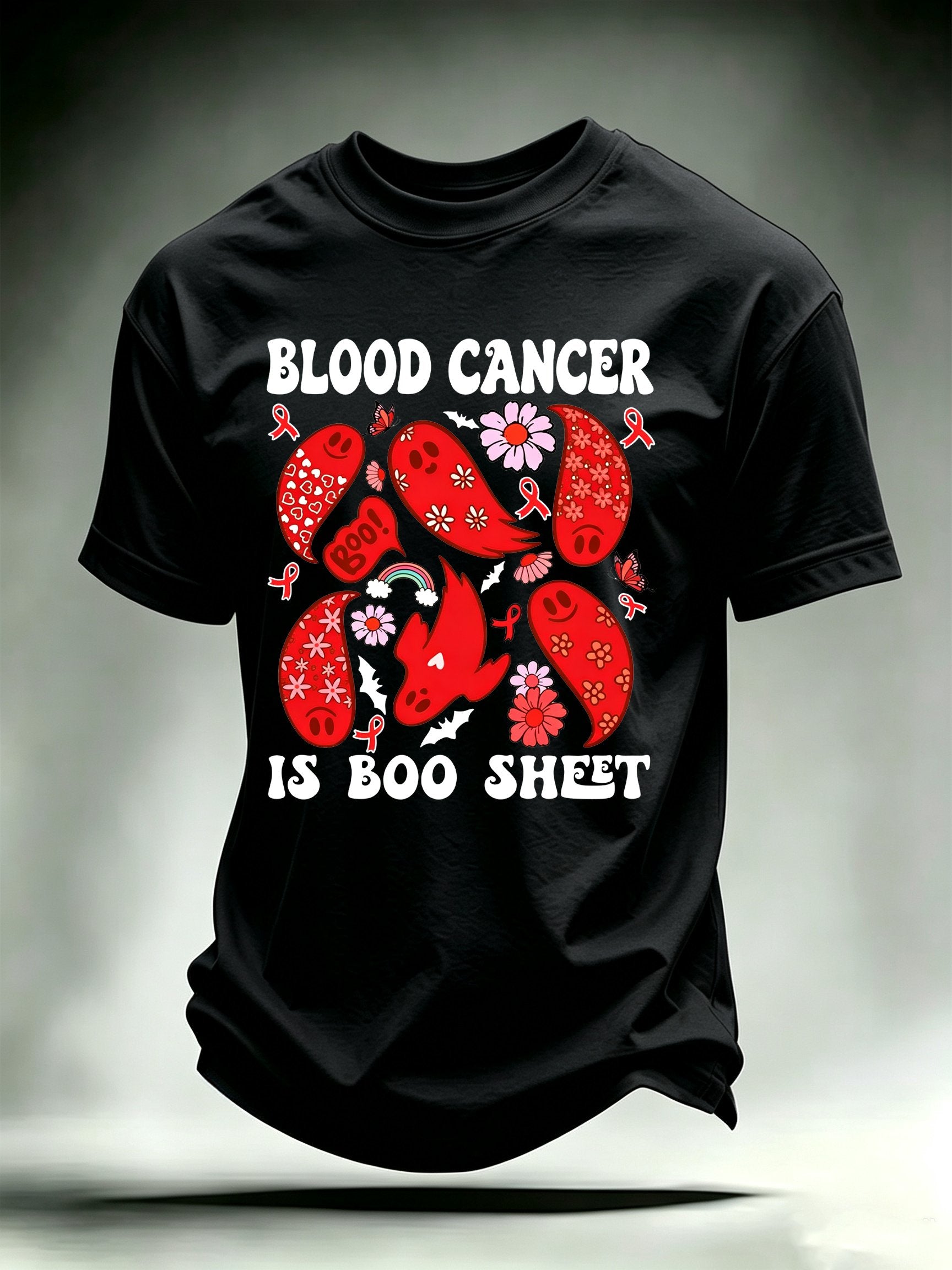 Men's Blood Cancer Awareness Red Ribbon Cute Ghosts Halloween Support Artwork T-Shirt