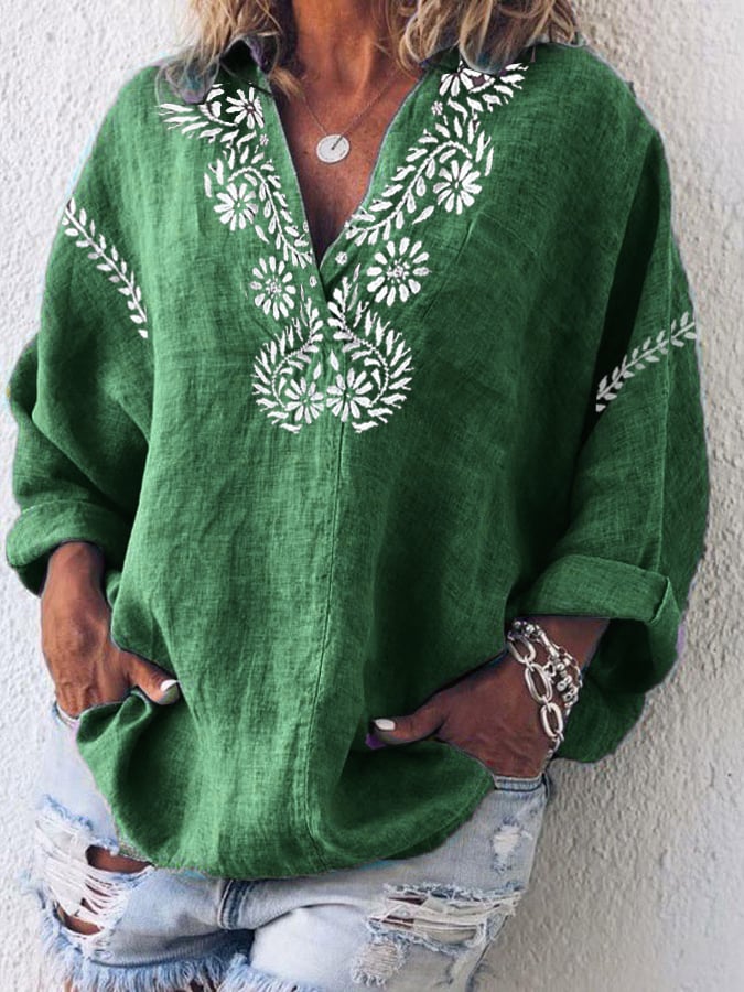 Women's Cotton And Linen Purple Floral V-Neck Top