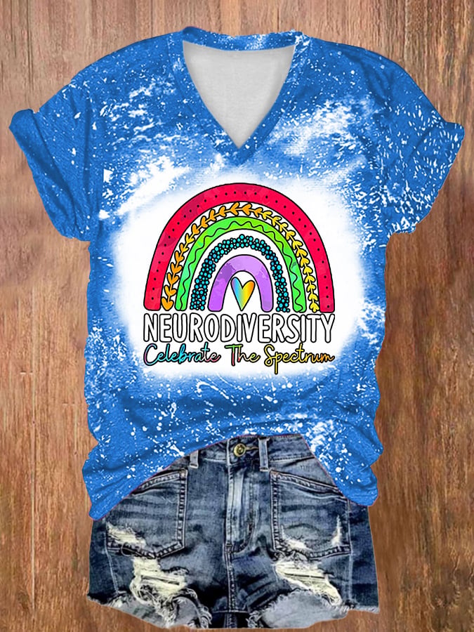 V-Neck Tie Dye Autism Awareness Neurodiversity Celebrate The Spectrum Print T-Shirt