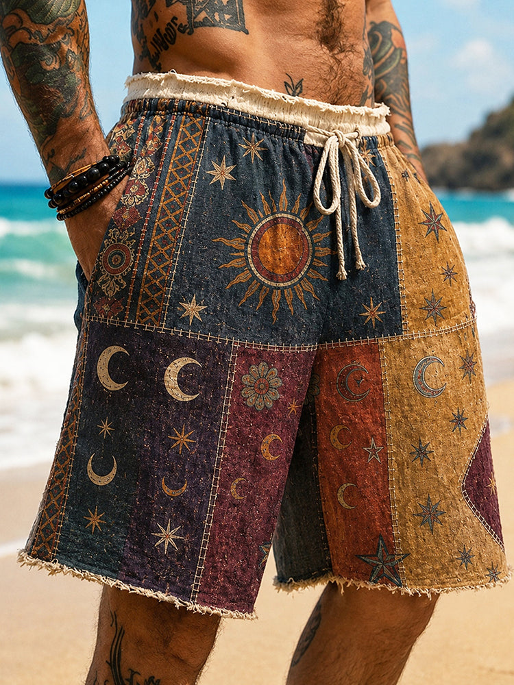 Men's Hippie Sun And Moon Element Patchwork Art Print Shorts