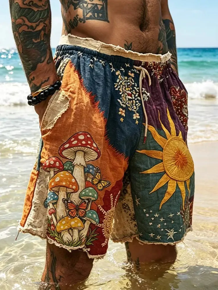 Men's Hippie Sun With Psychedelic Mushrooms Patchwork Print Casual Shorts