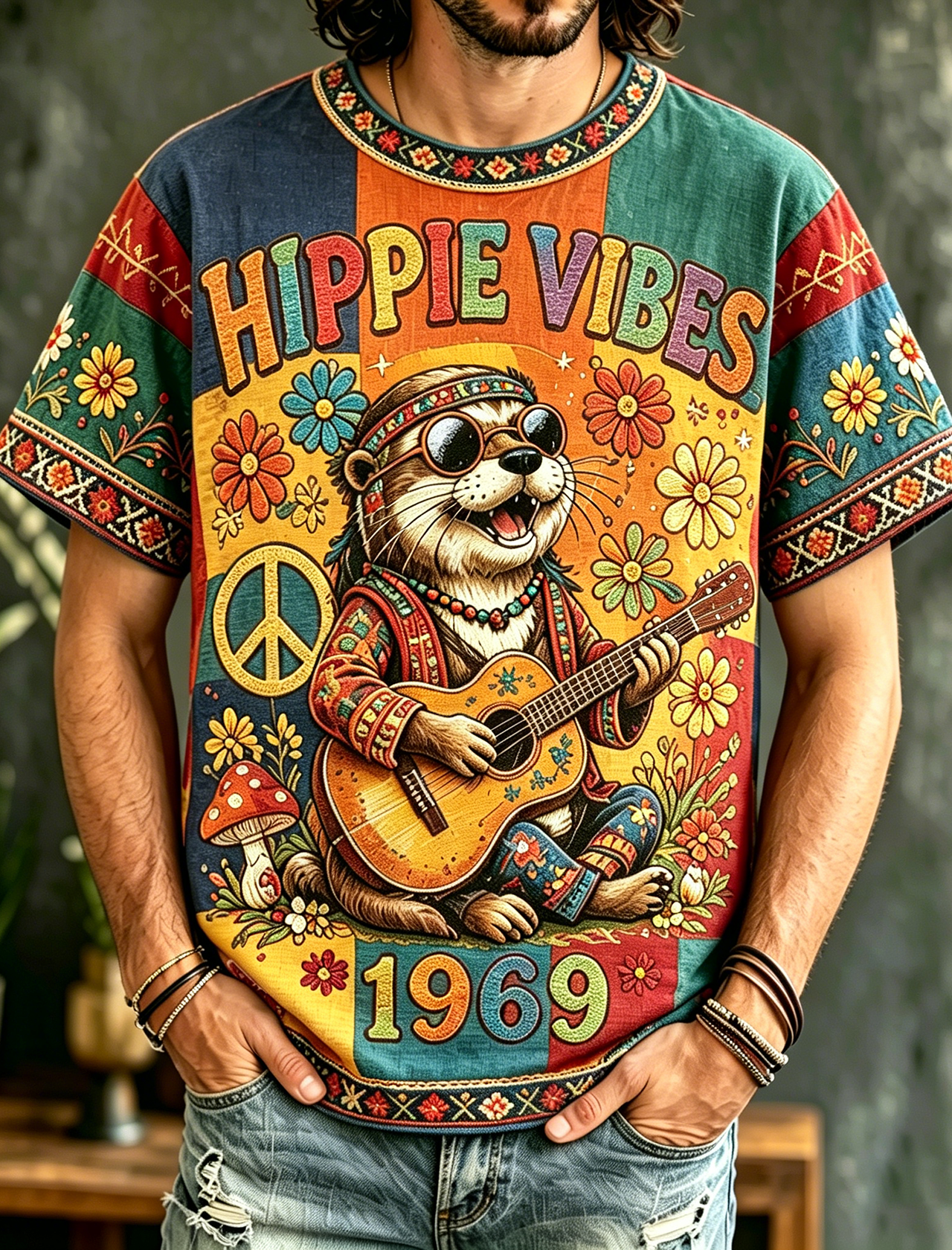 Men's Casual Color Block Music Otter Playing Guitar Retro Hippie Crew Neck T-shirt