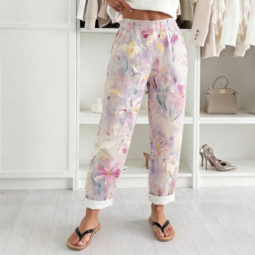 Vintage Lily Flowers Art Pattern Comfy Linen Pants