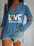 V-neck Retro Autism Awareness Love Needs No Words Print T-Shirt