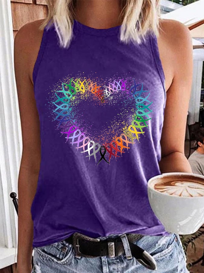 Women's All Cancer Awareness Heart Ribbon Print Tank Top