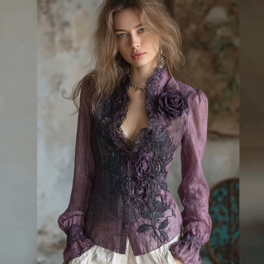 Bohemian Retro Purple Rose Patchwork Lace Design Women's Long-sleeve Shirt