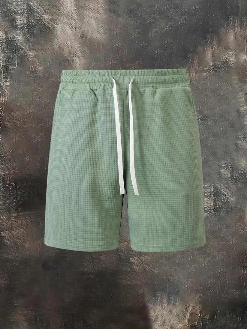 Men's Casual Solid-Color Waffle-Knit Drawstring Shorts with Pockets