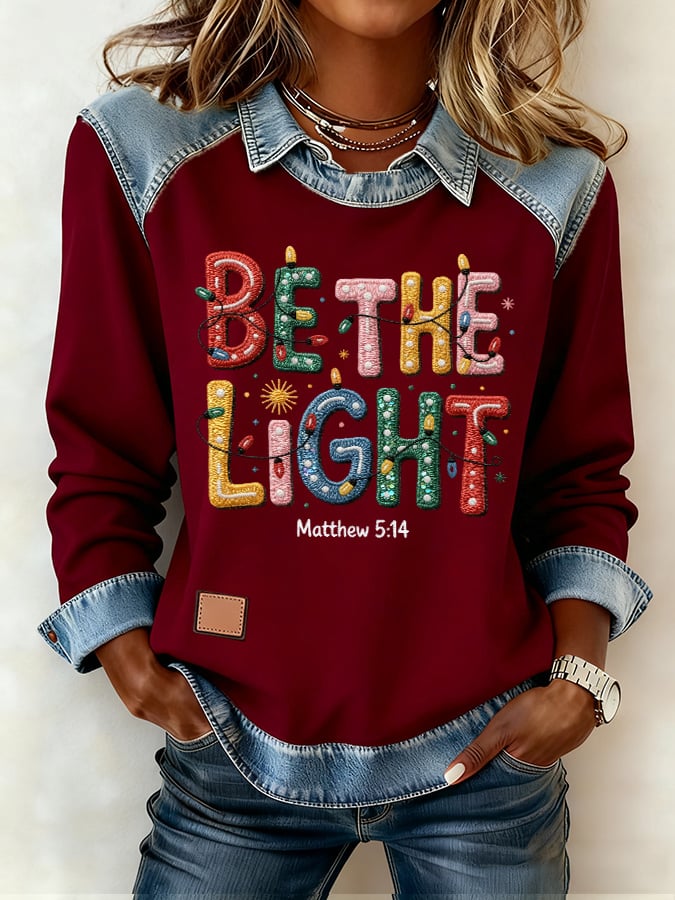 Women's casual autumn and winter look: denim patchwork sweatshirt