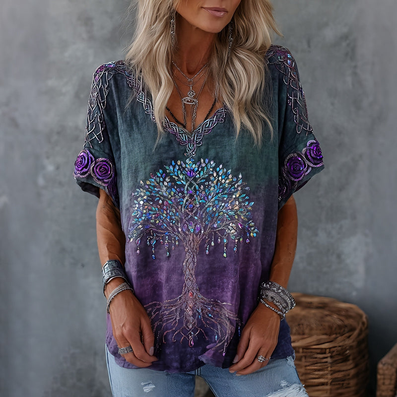 Women's Vintage Tree Of Life Floral Gradient Art Flowy Linen Blend Casual Tops