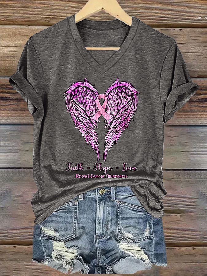 Women's Faith-Hope-Love Breast Cancer Awareness Printed Casual V-Neck T-Shirt