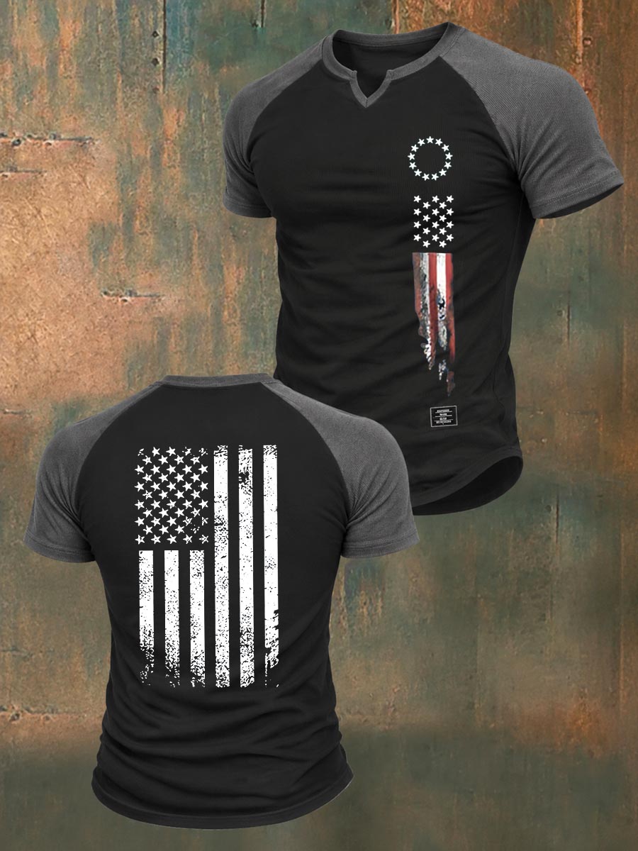 250th Anniversary America Flag Pattern 100% Cotton V Neck Color-Block Raglan T-Shirt