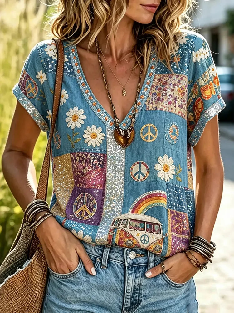 Women's Patchwork Hippie Print Cotton Linen V-neck Short-sleeved T-shirt