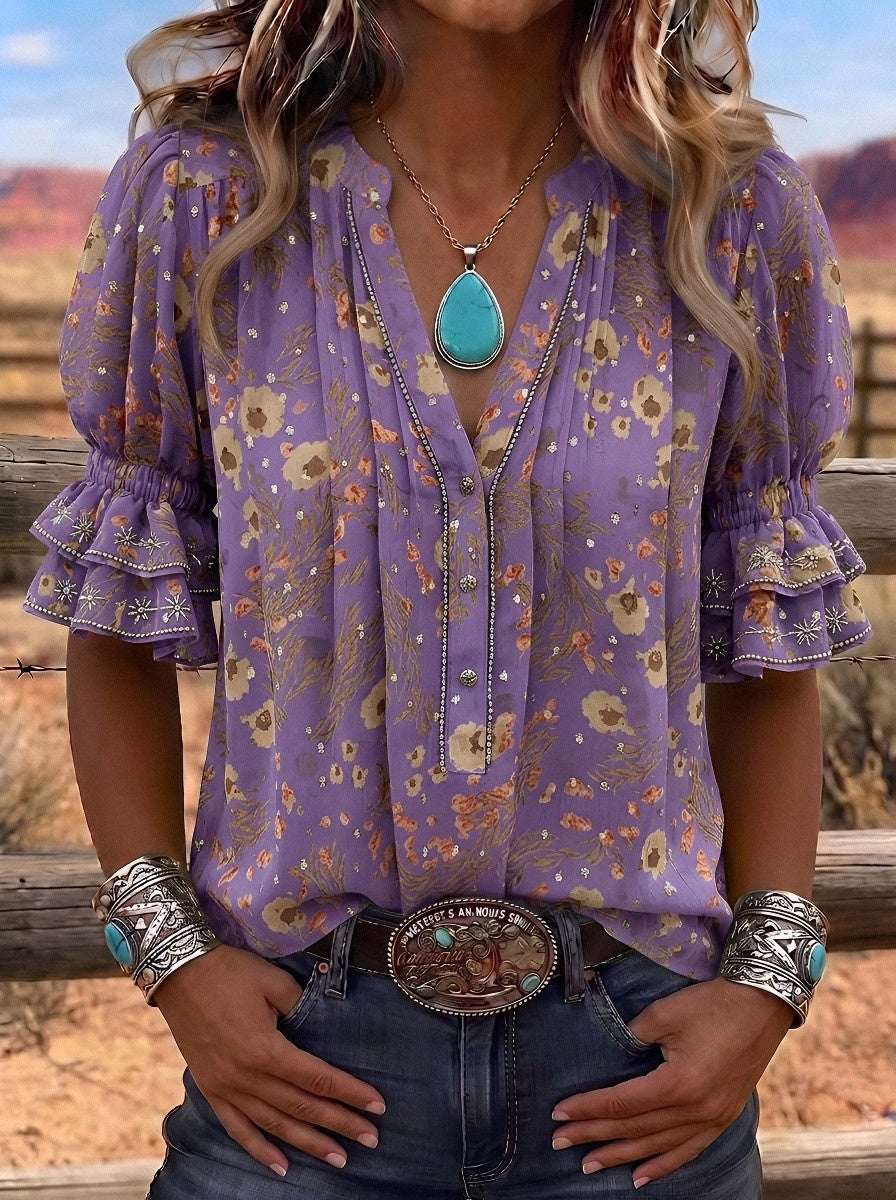 Women's Western Vintage Floral Ruffle Sleeve Printed Top