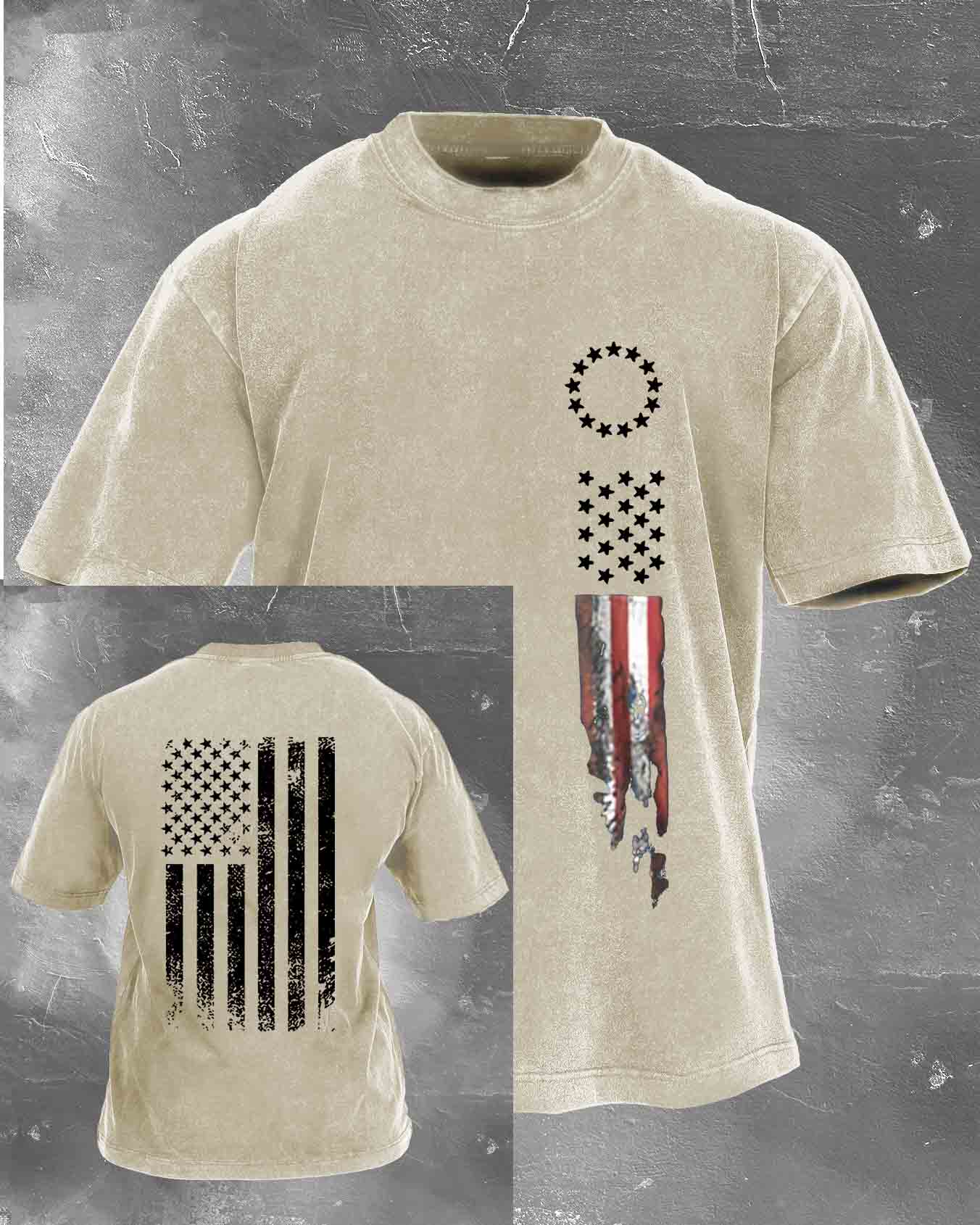Amierica Flag Pattern Washed Distressed Crew Neck 100% Cototon T-Shirt
