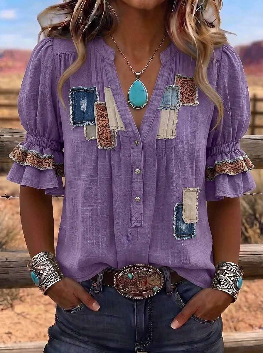 Women's Western Vintage Patchwork Floral Printed Top