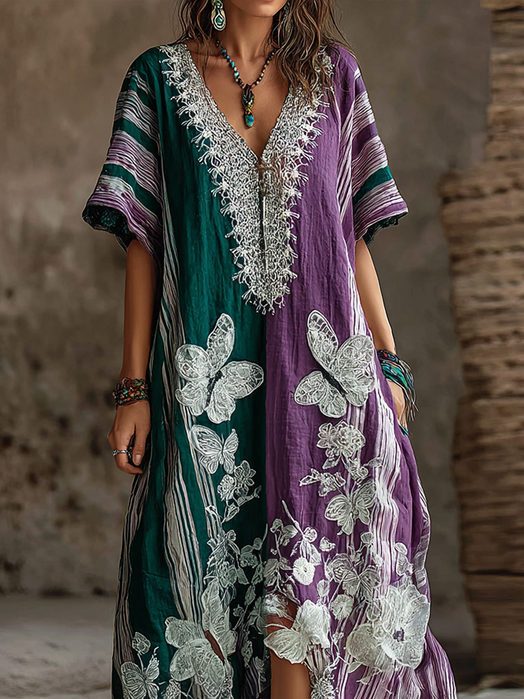 Butterfly Flower Lace Embroidery Patchwork Striped Design Women's Summer Linen Dress