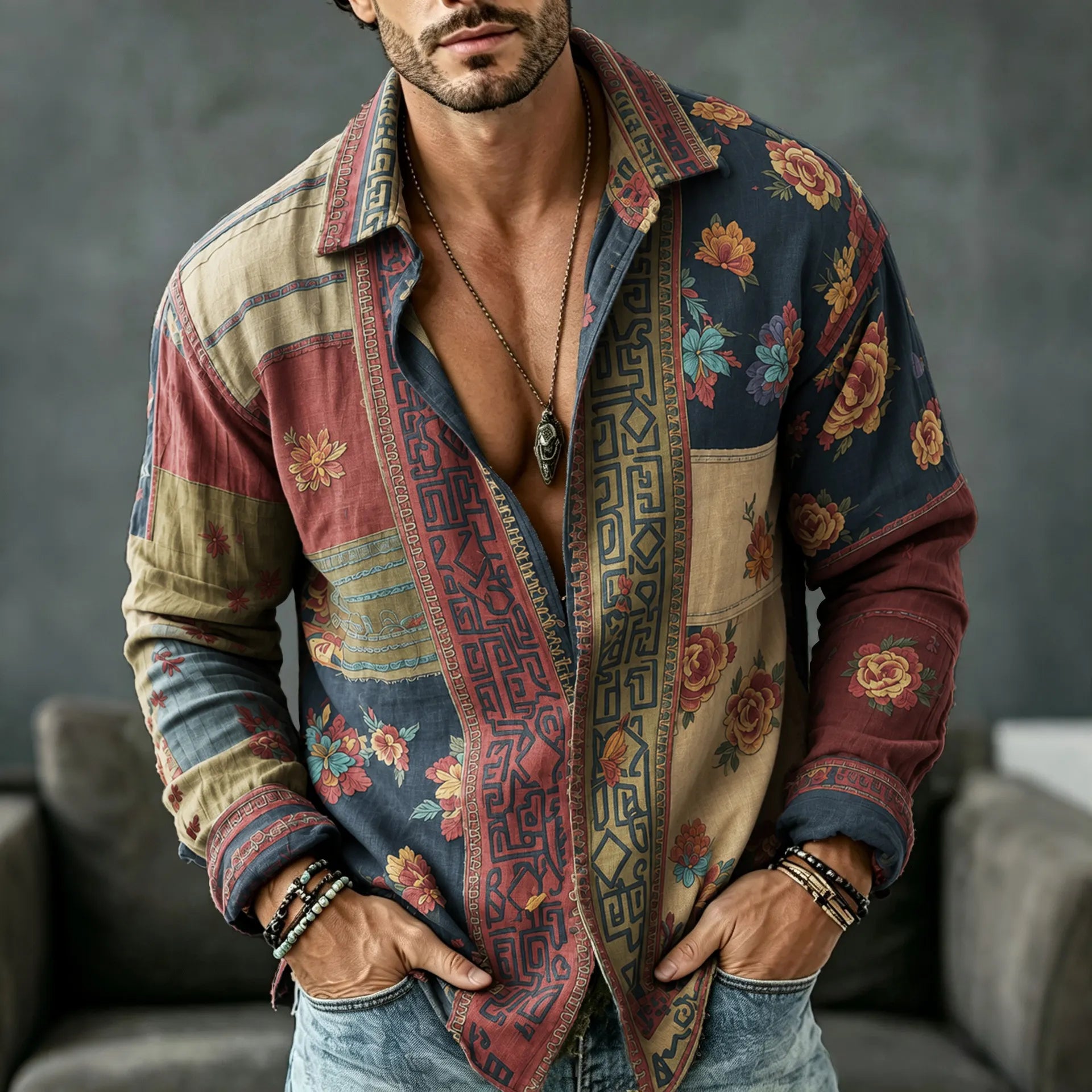 Men's Vintage Floral  Patchwork Embroidered Art Print Flowy Linen Blend Casual Shirt