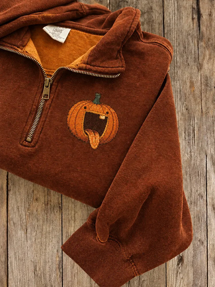 Women's Fun Pumpkin Print Zipper Sweatshirt