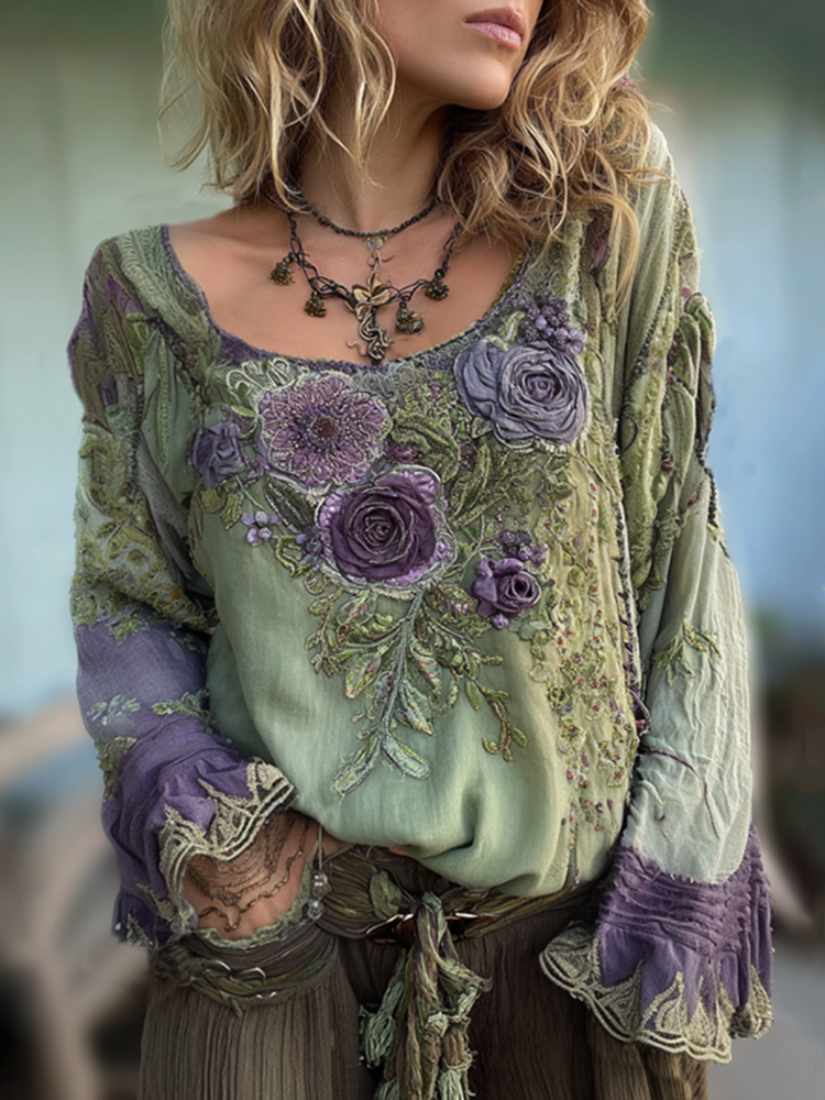 Vintage Purple Lavender And Floral Embroidered Linen Long Sleeve Shirt