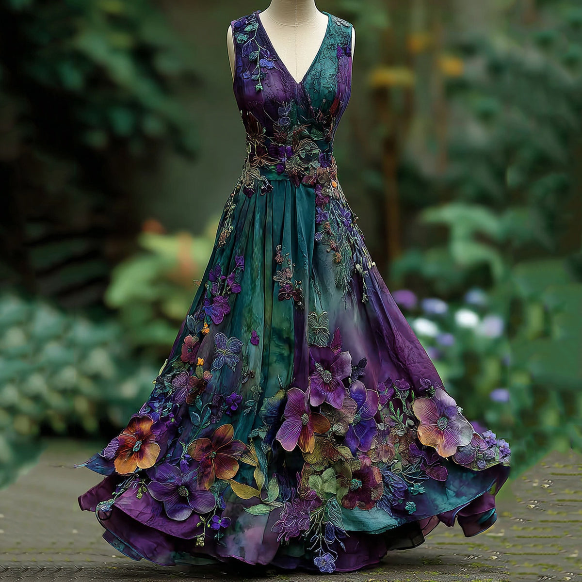 Women's Vintage Embroidered Pansy Floral Gradient Color Belt Maxi Dress