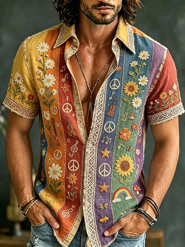 Men's Hippie Plant Flower And Peace Symbol Art Patchwork Vintage Cotton Linen Short-sleeved Shirt