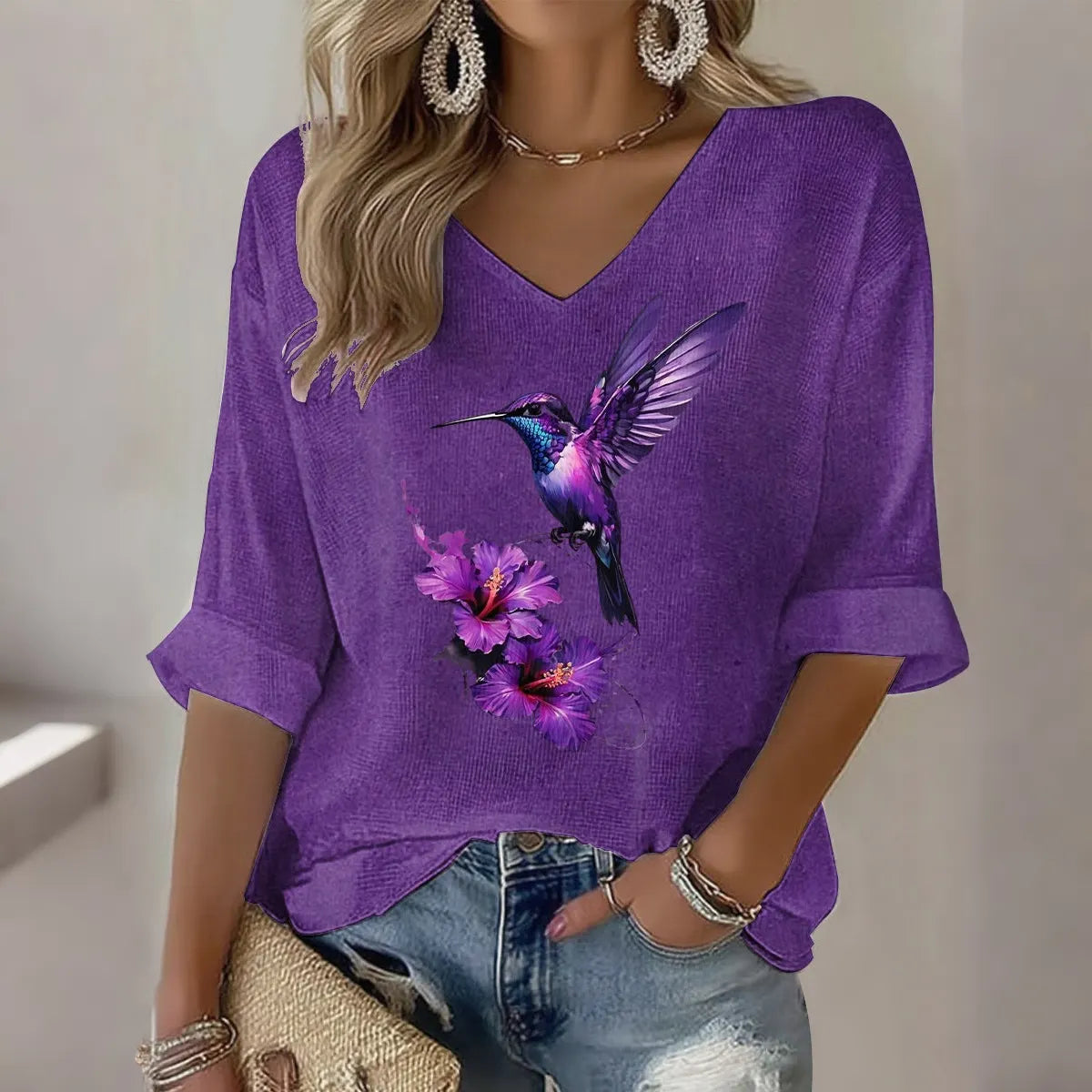 Women's Purple Floral And Hummingbird Embroidery Casual T-shirt