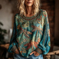 Women's Vintage Hippie Floral And Dragonfly Pattern Art Embroidered Linen Blend Long Sleeve Tops