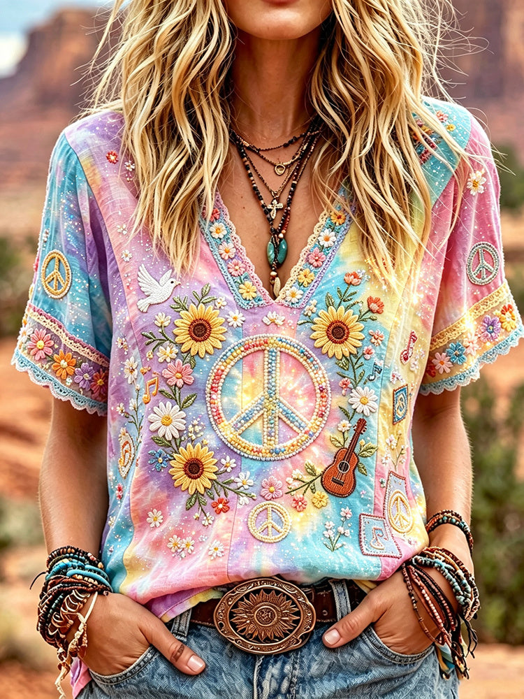 Women's Retro Gradient Peace Symbol Floral Casual V Neck Cotton Linen T-shirt