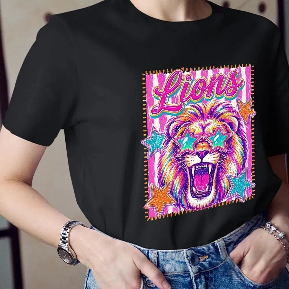 Personalized Mascot Neon Pink And Teal Star Sunglasses Cotton T-Shirt