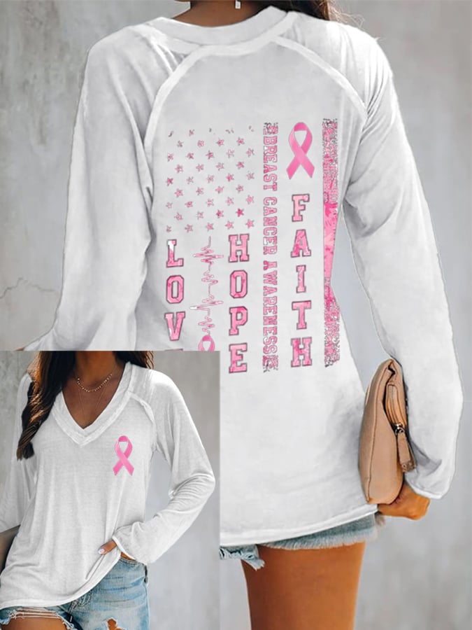 Women's Faith Hope Love Breast Cancer Awareness  Print Long Sleeve T-Shirt