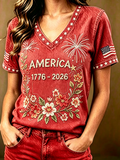Women'S Retro American Flag Printed V-Neck T-Shirt