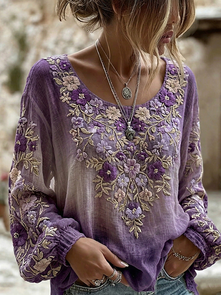 Women's Retro Bohemian Floral Gradient Crew Neck Long Sleeve Linen Blend T-shirt