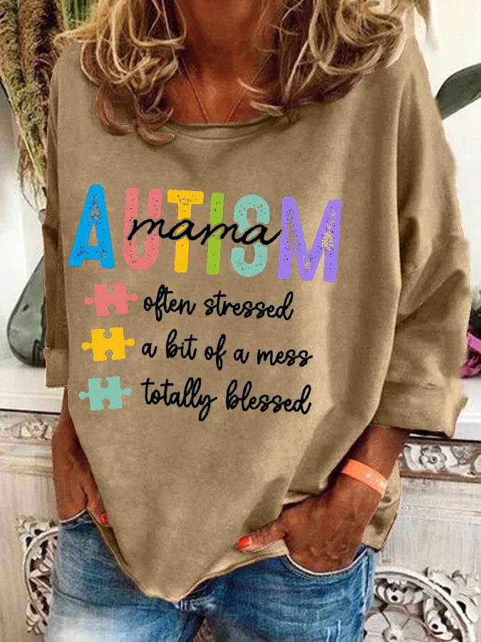 Women's Always Blessed Autism Mama Awareness Print Long Sleeve T-Shirt