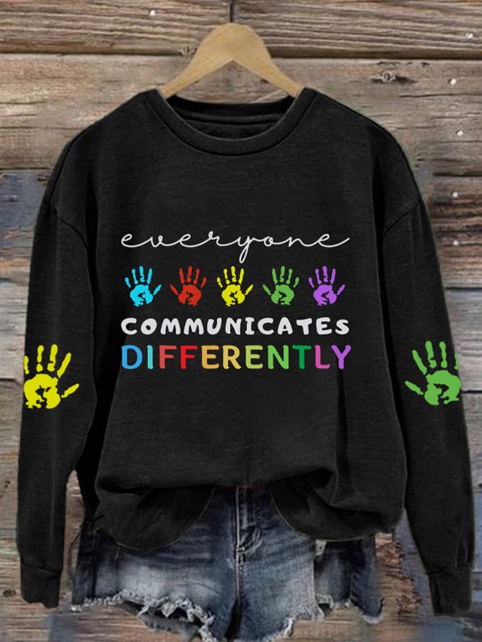 Retro Autism Awareness Everyone Communicates Differently Print Sweatshirt