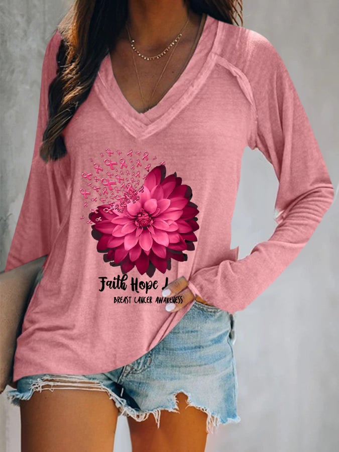 Women's Daisy Faith Pink Ribbon Breast Cancer Awareness Print Casual Long Sleeve T-Shirt
