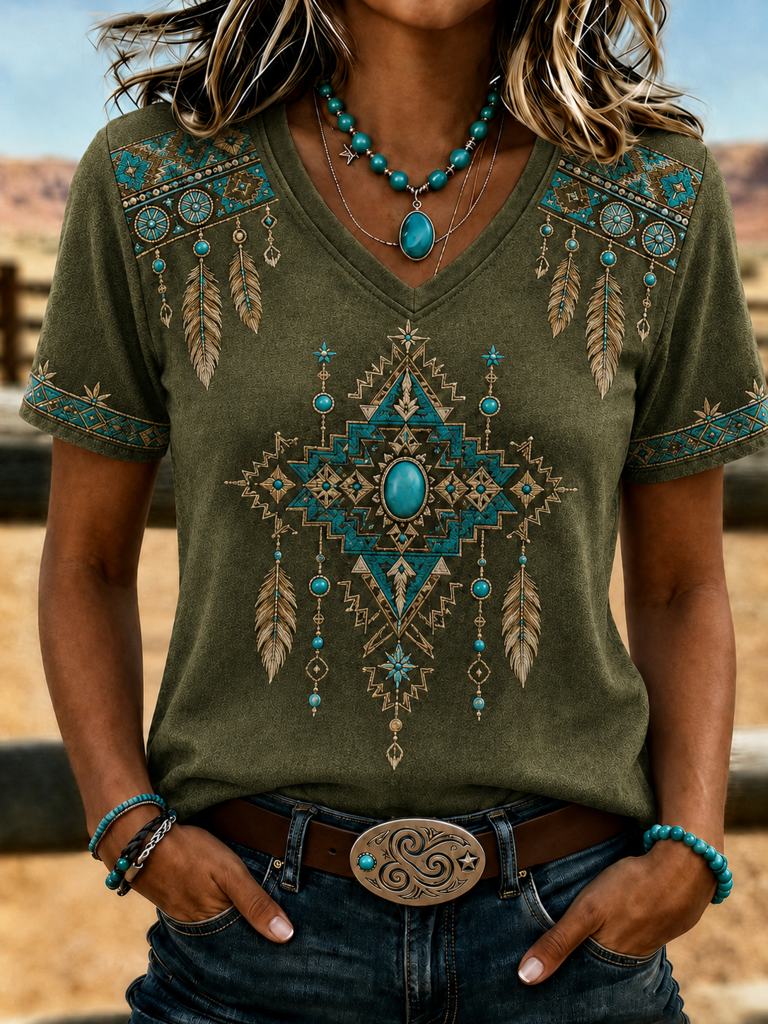 Women'S Retro Ethnic Art Printed Round Neck T-Shirt