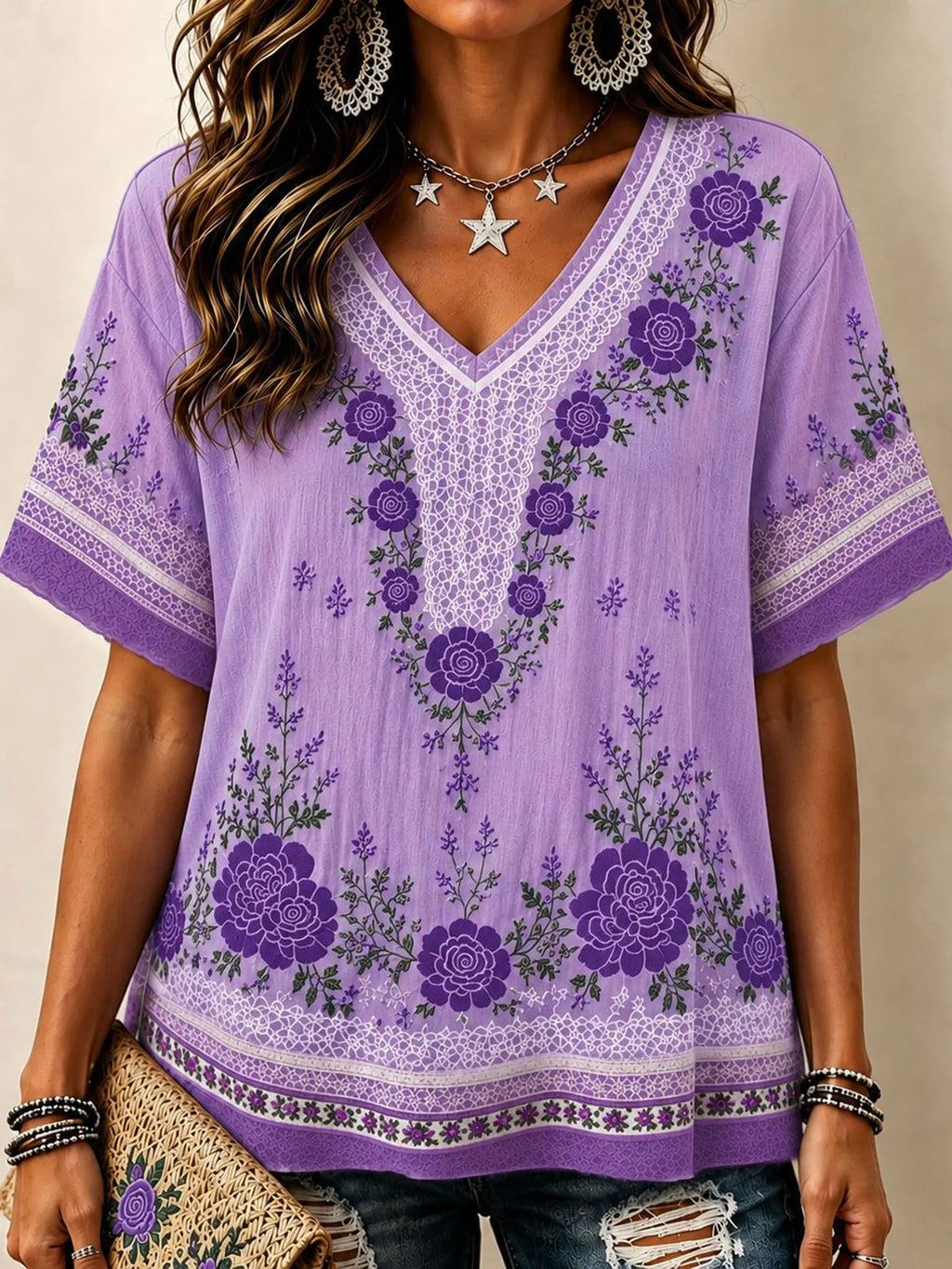 Women's Vintage Bohemian Floral Rose Embroidery Lace Print Cotton Linen Top