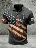 Men's Vintage Flag & Cross Print Casual Polo Shirt
