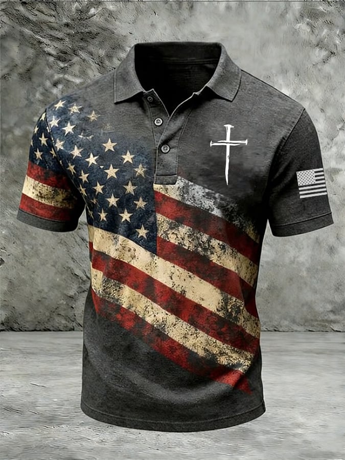 Men's Vintage Flag & Cross Print Casual Polo Shirt