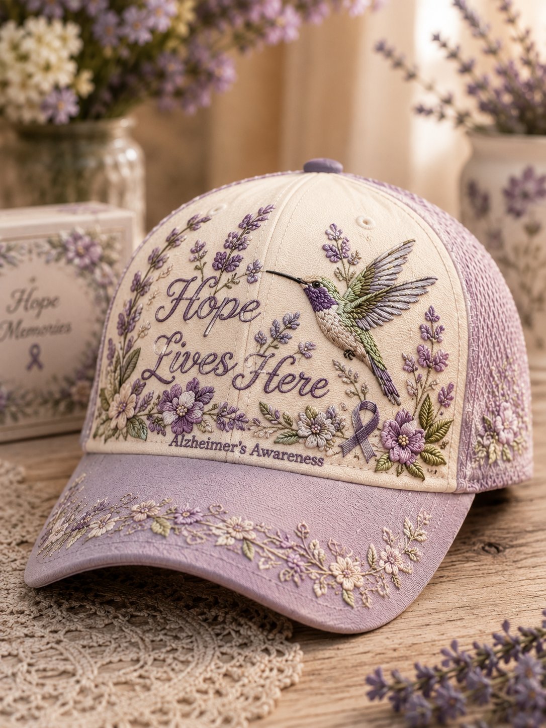 Purple Hummingbird & Floral  Print Casual Hat