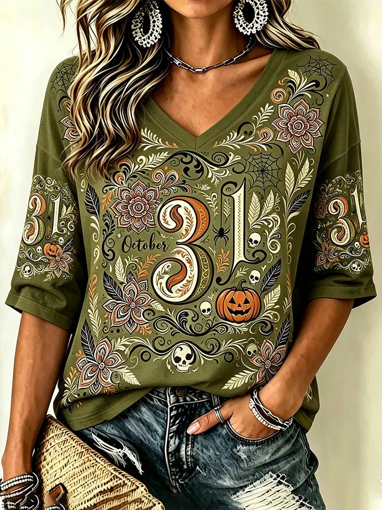 Women's Halloween Date Plant And Flower Short-sleeve Top