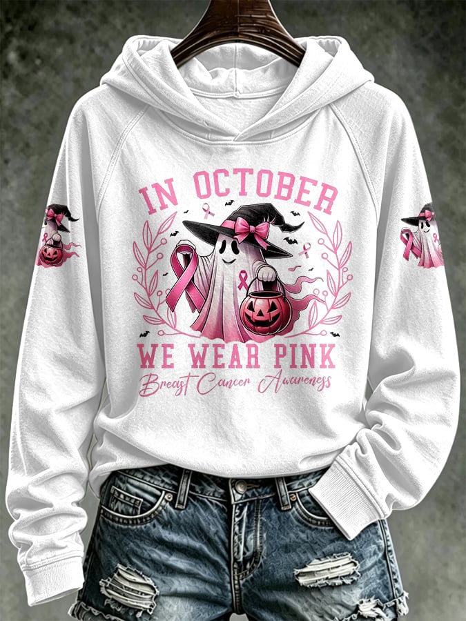 Retro Breast Cancer Awareness Ghost Pumpkin In October We Wear Pink Print Hoodie