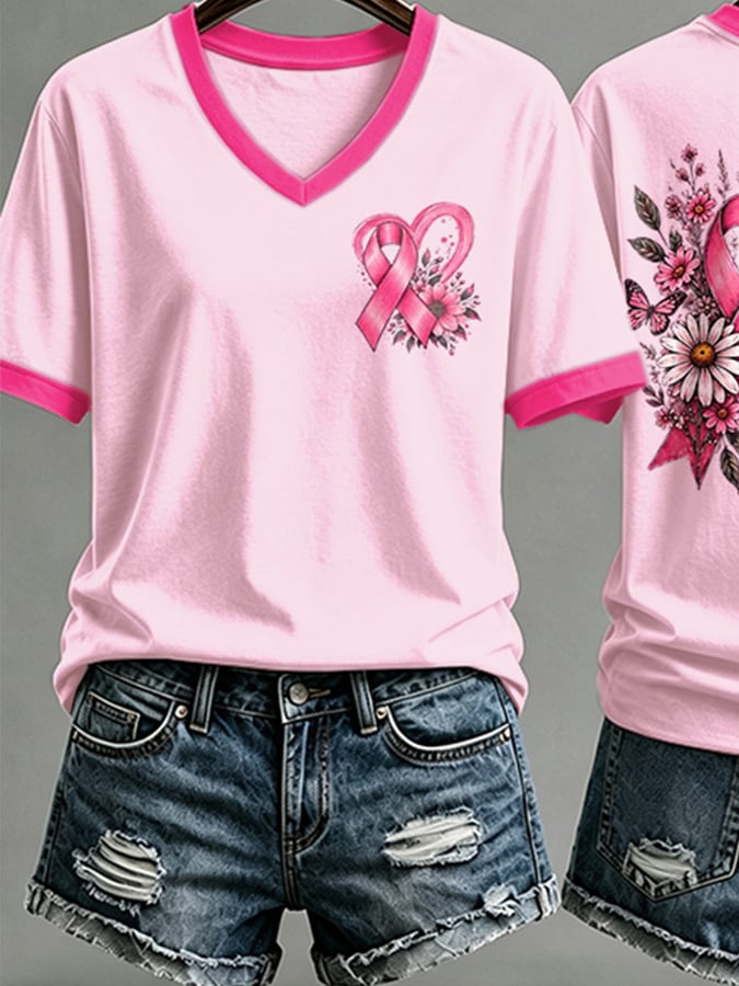 V-Neck Retro Breast Cancer Awareness Pink Butterfly Ribbon Faith Over Fear Print T-Shirt