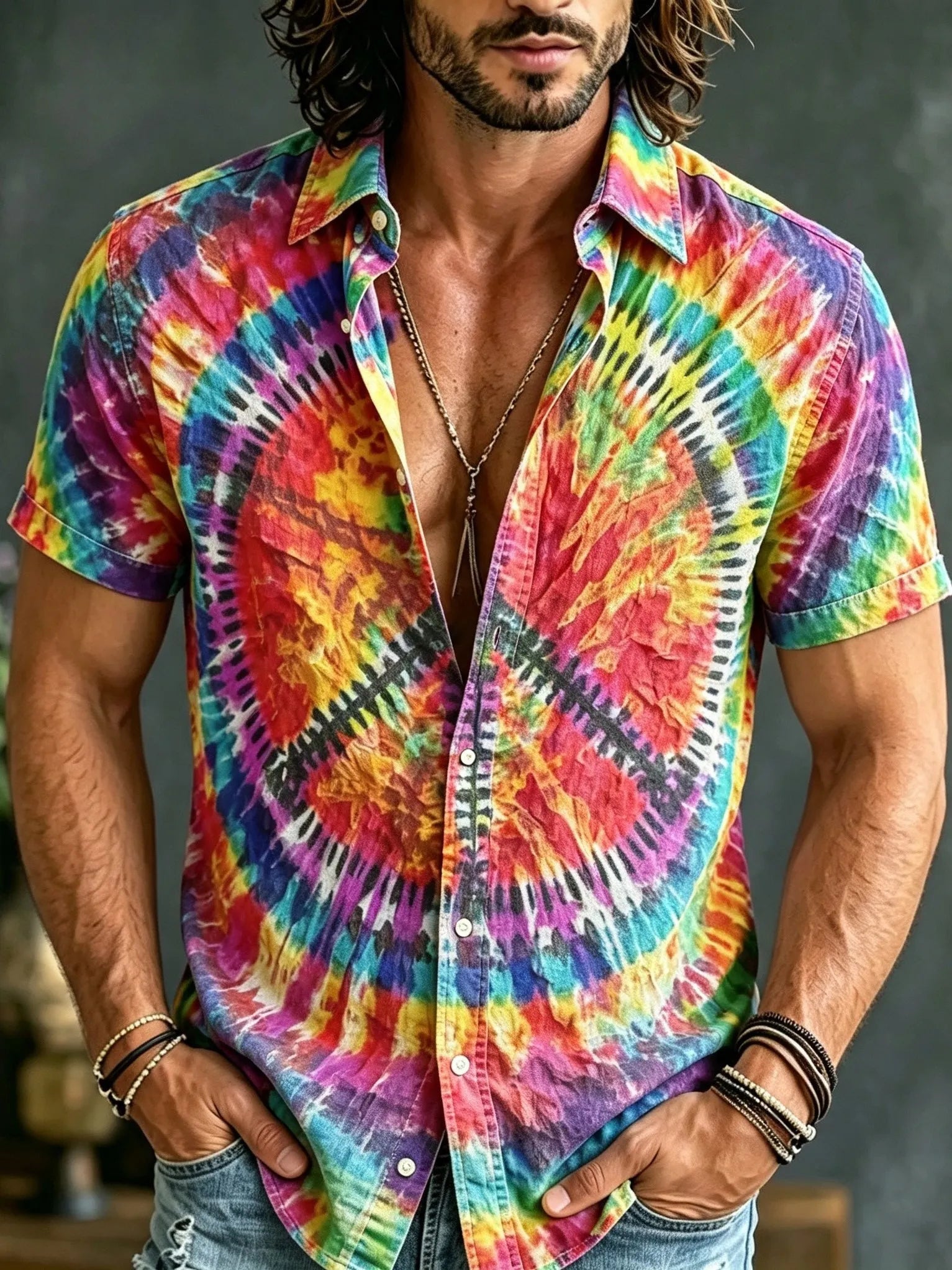 Men's Retro Bohemian Hippie Style Printed Short-sleeve Shirt