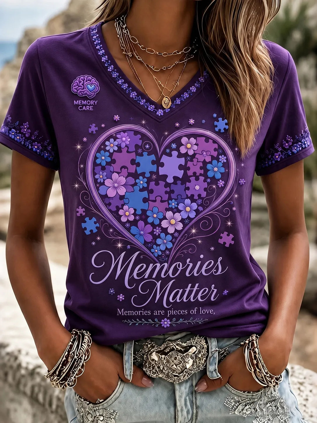 Women's Memory Care Art Pattern Alzheimer Awareness T-shirt