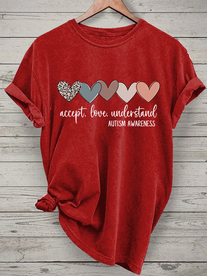 Women's Accept Love Understand Autism Awareness Printed Short-Sleeved T-Shirt