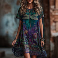 Women's Vintage Dragonfly And Floral Gradient Art Comfy Linen Mini Dress