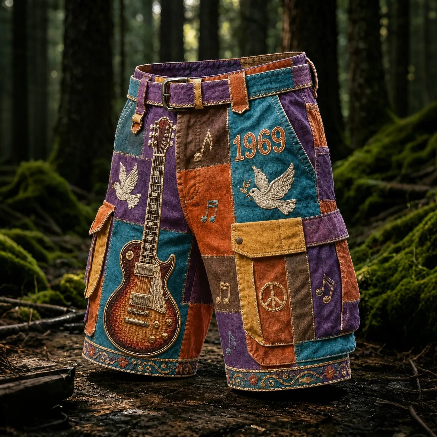 Men's Hippie Music Guitar Pattern Patchwork Art Print Casual Shorts(no Belt)