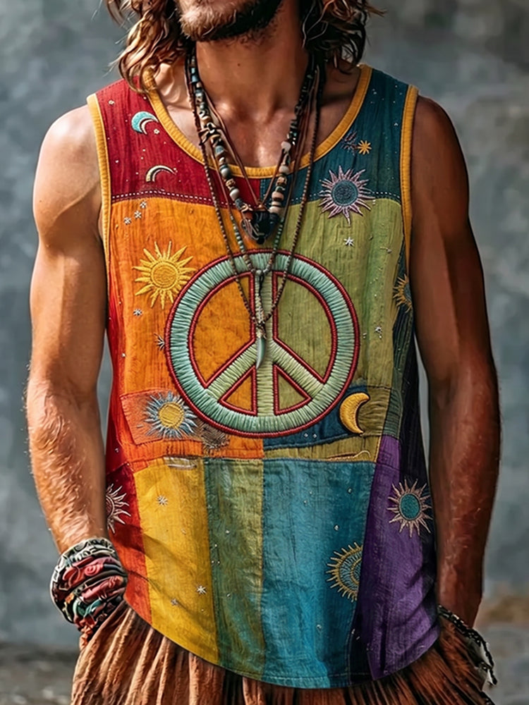 Men's Vintage Boho Peace Sign Patchwork Sun Moon Art Print Tank Top